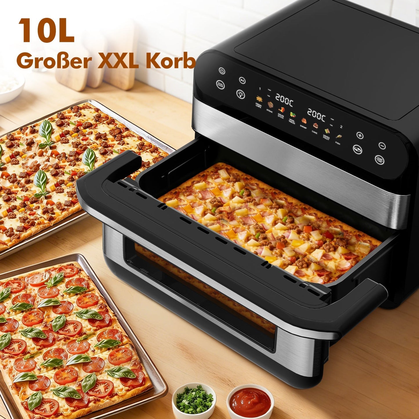 Heißluftfritteuse Dual Zone Heißluftfritteuse, 10L Airfryer mit herausnehmbarem Trenner, 2 Gestelle, Heißluftfritteuse 2 kammern, 8 Kochfunktionen