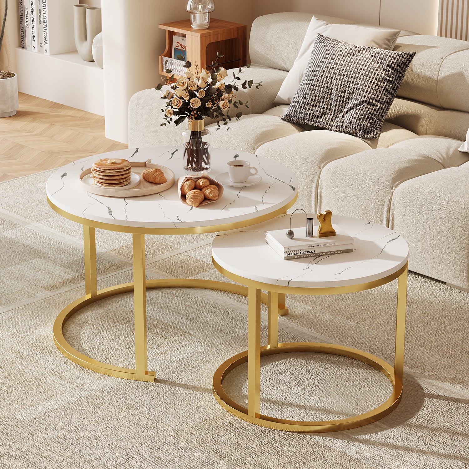Couchtisch Couchtisch 2er Set mit Marmormuster, Kaffeetisch, Beistelltisch