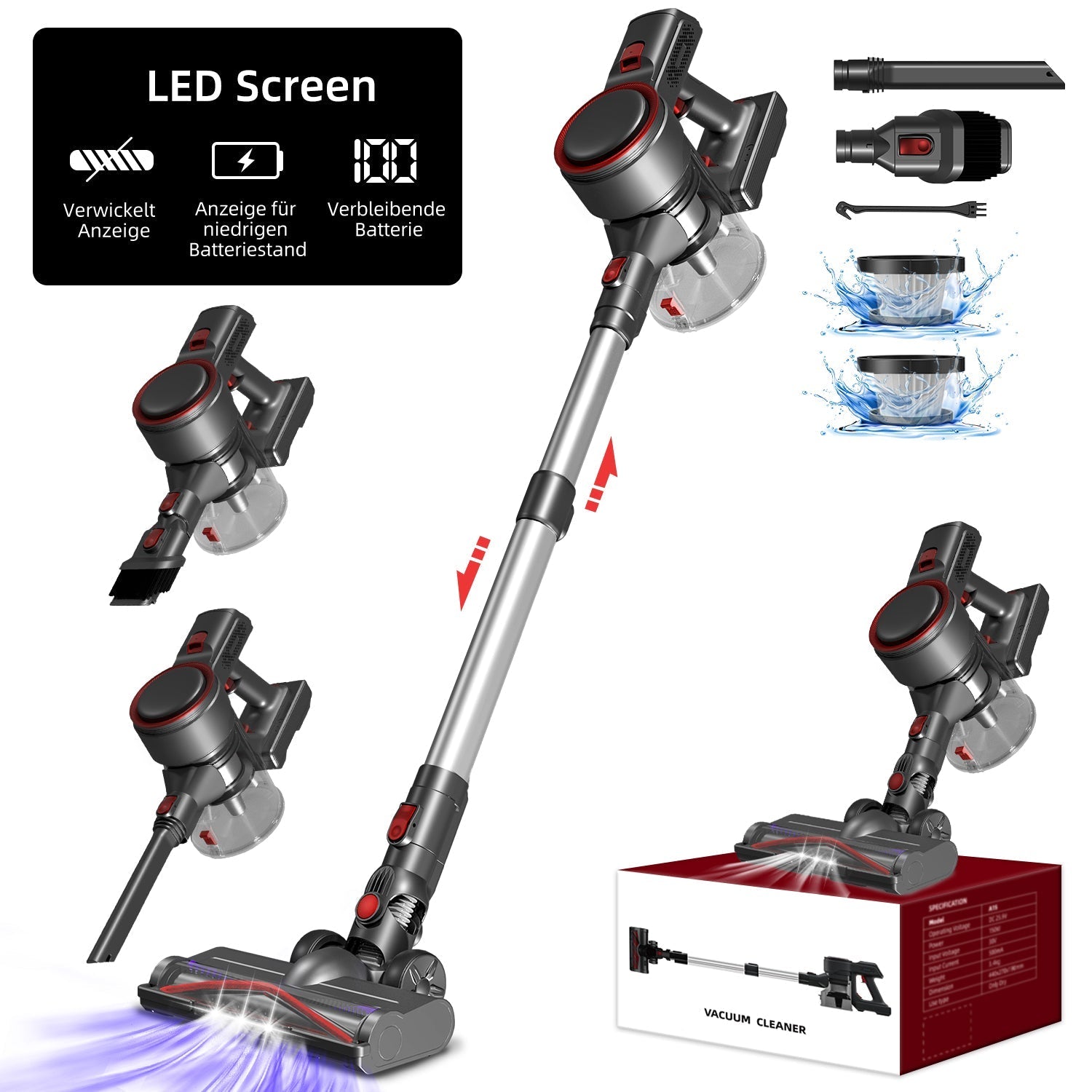 Hiazurm Akku-Hand-und Stielstaubsauger Akku Staubsauger, 55kPa/50Min/1.8L Staubsauger Kabellos,LED Display, beutellos, 2 Saugstufen/8-Stufen-Filter,Staubsauger für Teppich und Hartboden