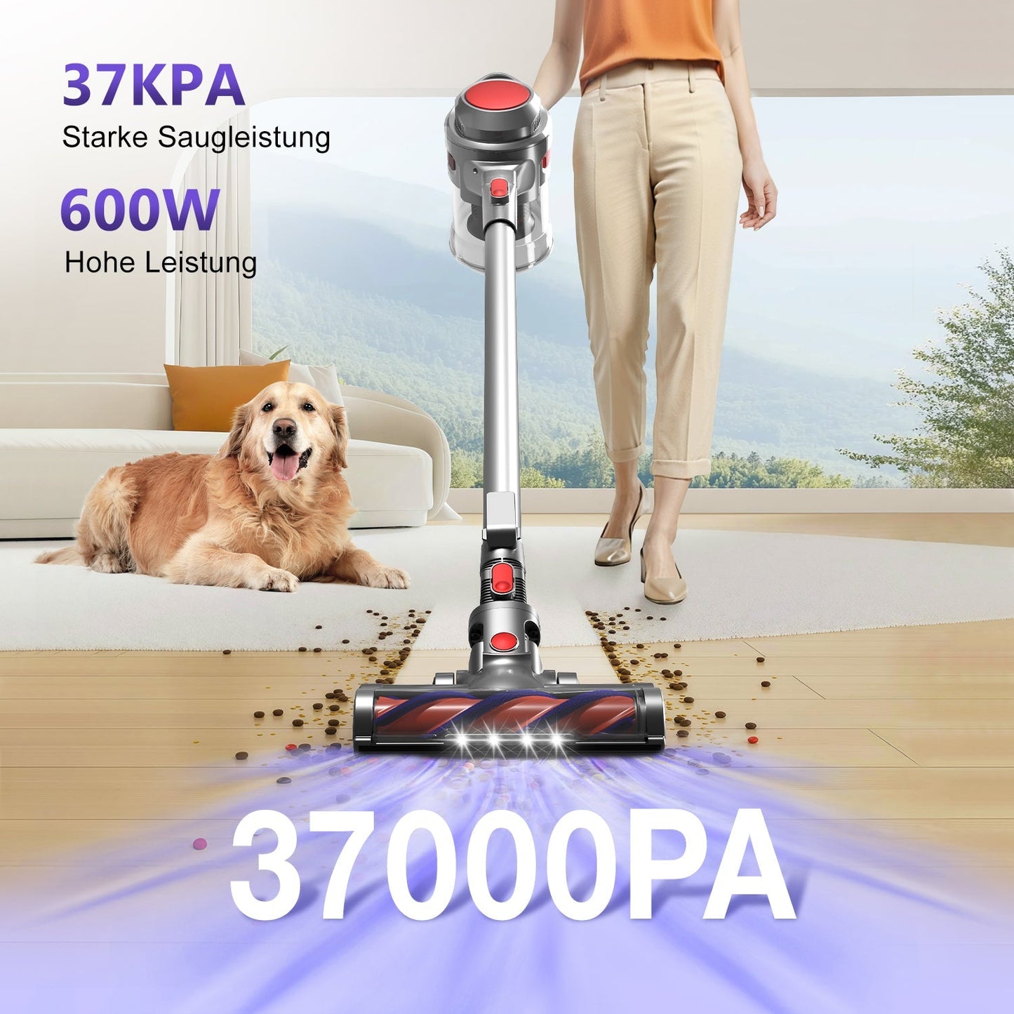 Akku-Hand-und Stielstaubsauger Akku Staubsauger, Staubsauger Kabellos 37000Pa/50Min/1.6L mit 4 HEPA