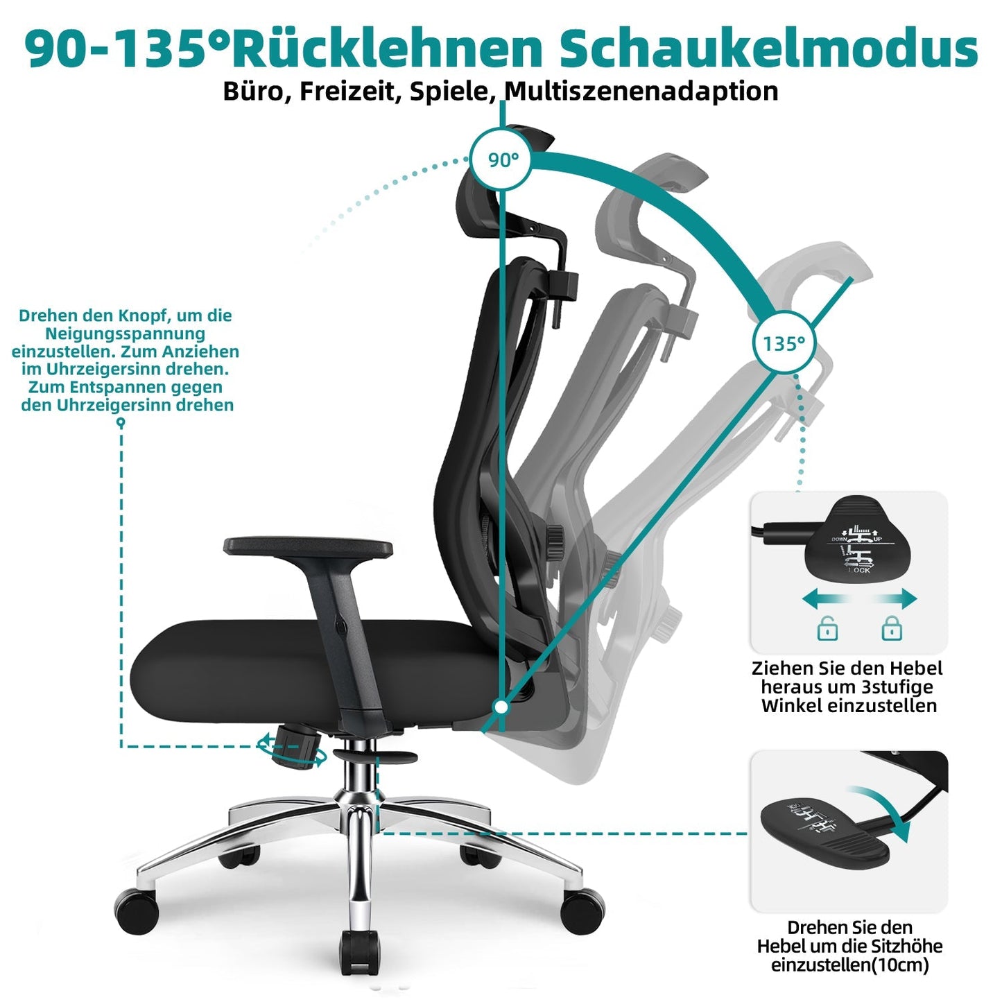 Bürostuhl Bürostuhl ergonomisch, Schreibtischstuhl 3D Memory-Schaum Lendenstütze