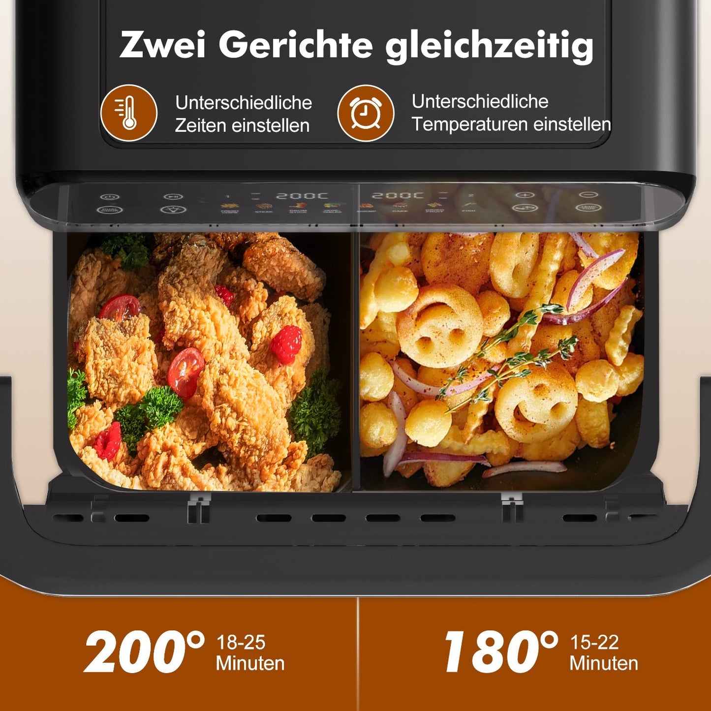 Heißluftfritteuse Dual Zone Heißluftfritteuse, 10L Airfryer mit herausnehmbarem Trenner, 2 Gestelle, Heißluftfritteuse 2 kammern, 8 Kochfunktionen