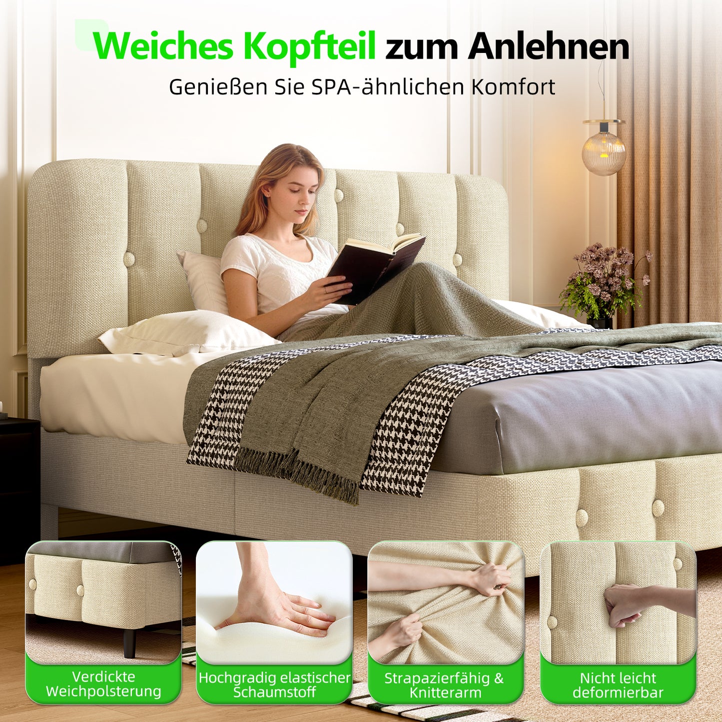 Polsterbett Bett 140x200 mit Lattenrost,Doppelbett mit gepolstertem Kopfteil, Einfache Montage, Robustes Gestell und Samtbezug