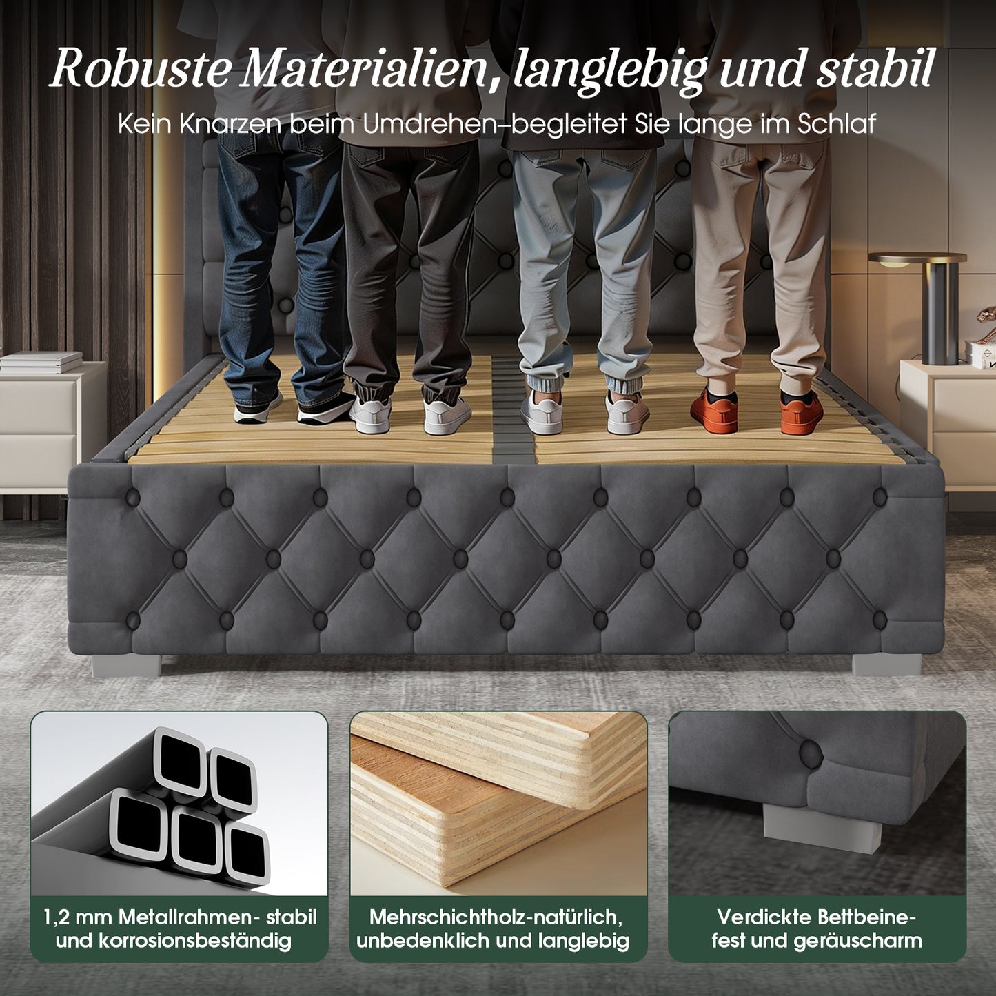 Polsterbett Doppelbett 140x200 cm,mit LED-Licht und Ladeanschluss