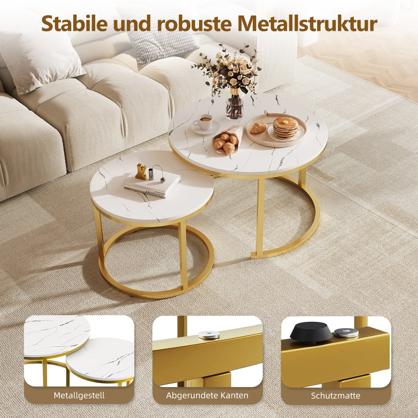 Couchtisch Couchtisch 2er Set mit Marmormuster, Kaffeetisch, Beistelltisch