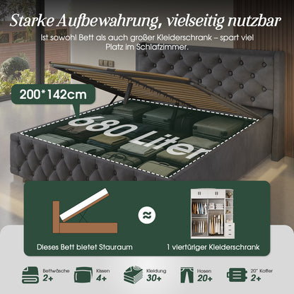 Polsterbett Doppelbett 140x200 cm,mit LED-Licht und Ladeanschluss