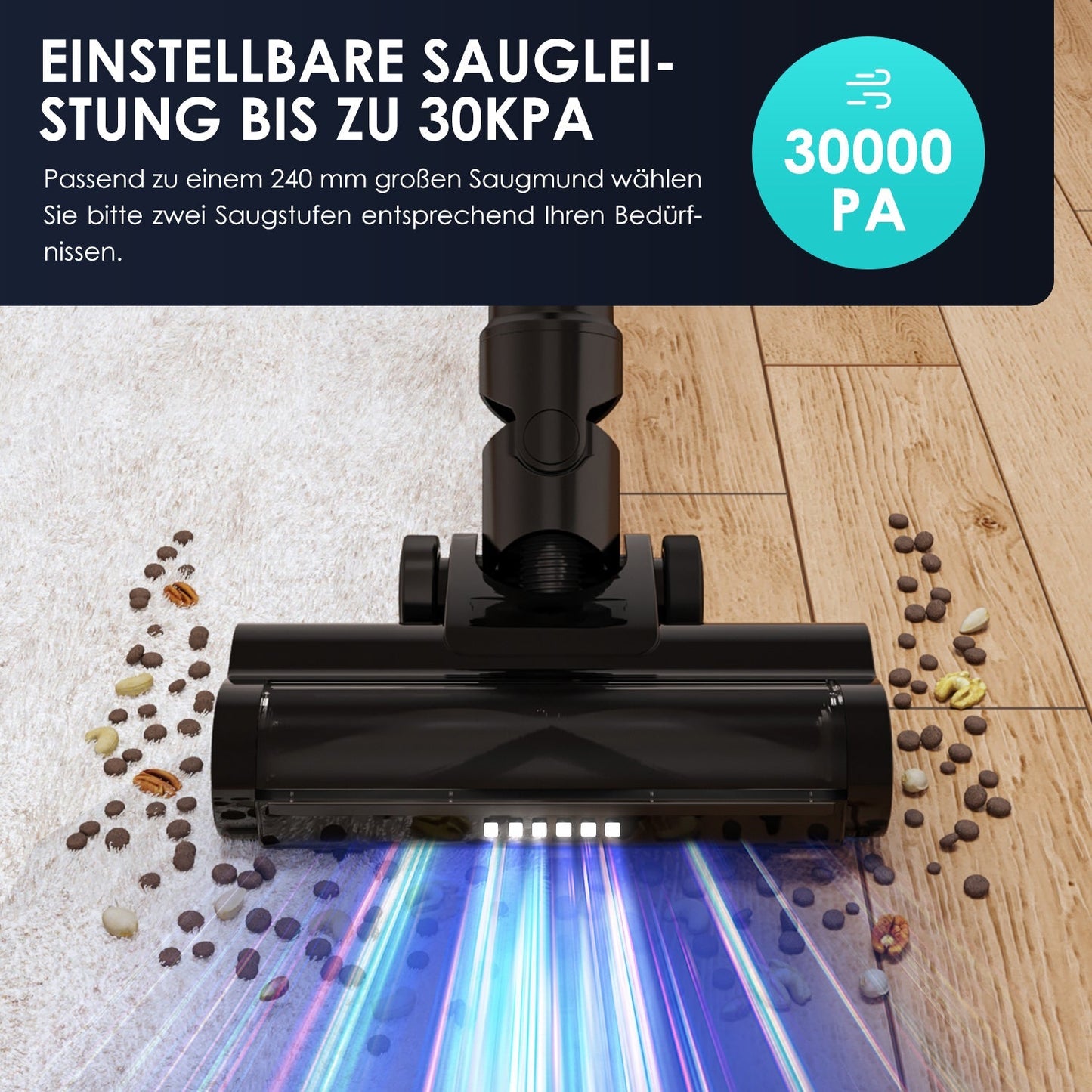 Akku-Hand-und Stielstaubsauger mit Smart LED-Anzeige, 30000Pa/50min, Staubsauger kabellos mit 6-Schicht-Filtration und 8-Kegel-Zyklon
