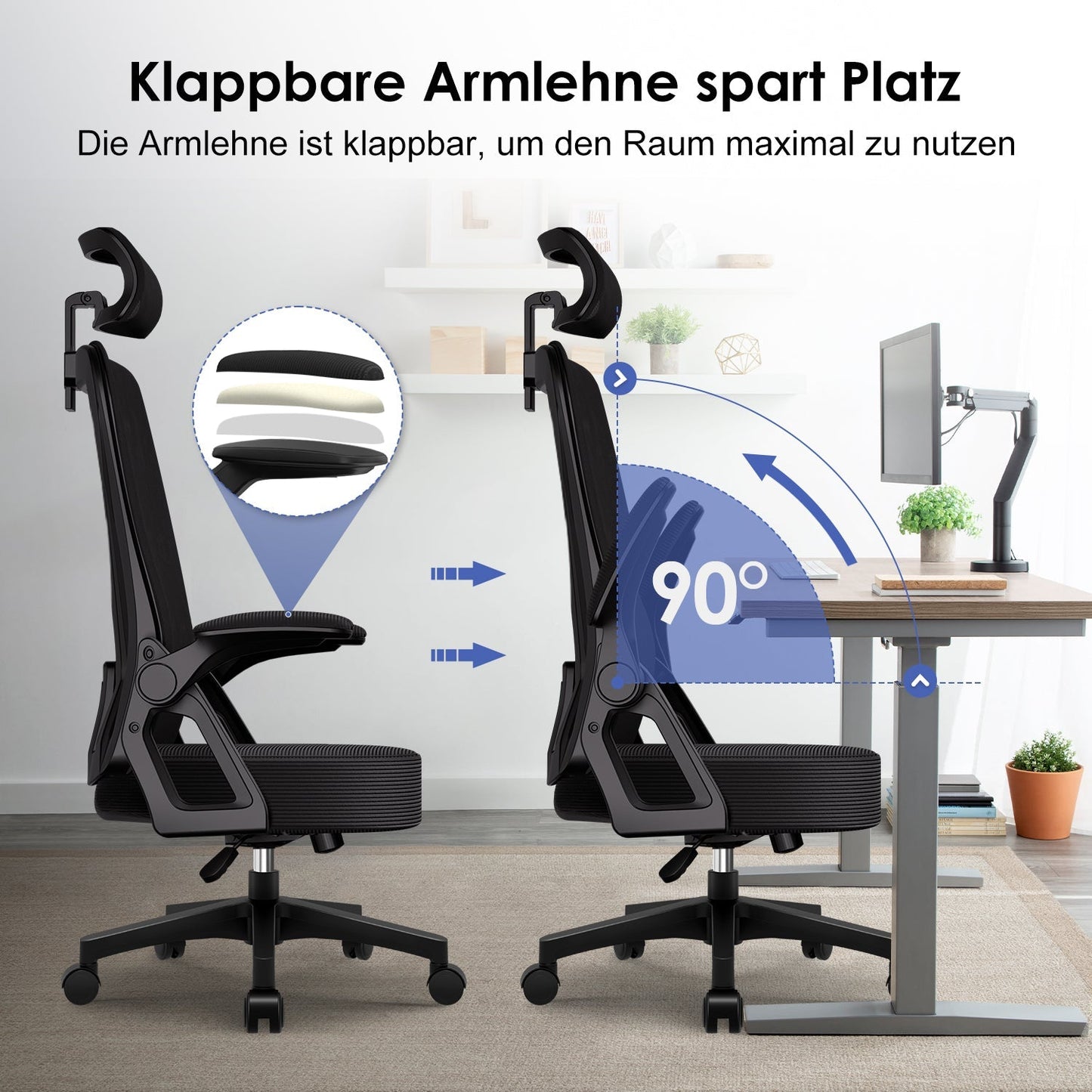 Bürostuhl Ergonomischer Bürostuhl mit klappbaren Armlehnen und Rückenlehnen