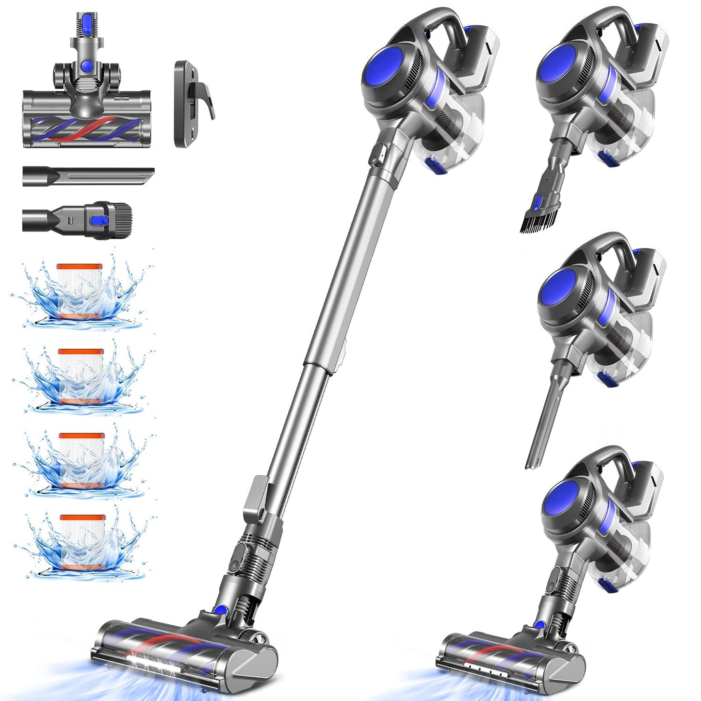 Akku-Hand-und Stielstaubsauger Akku Staubsauger, Staubsauger Kabellos 37000Pa/50Min/1.6L mit 4 HEPA