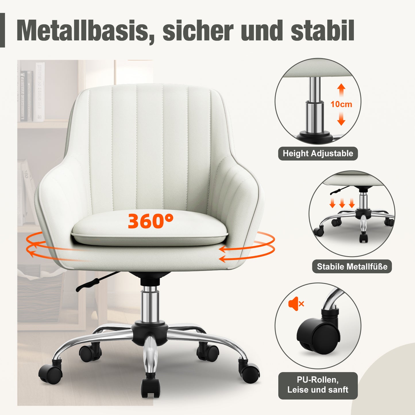 Office chair, home office chair, vanity chair with armrests, swivel chair with casters