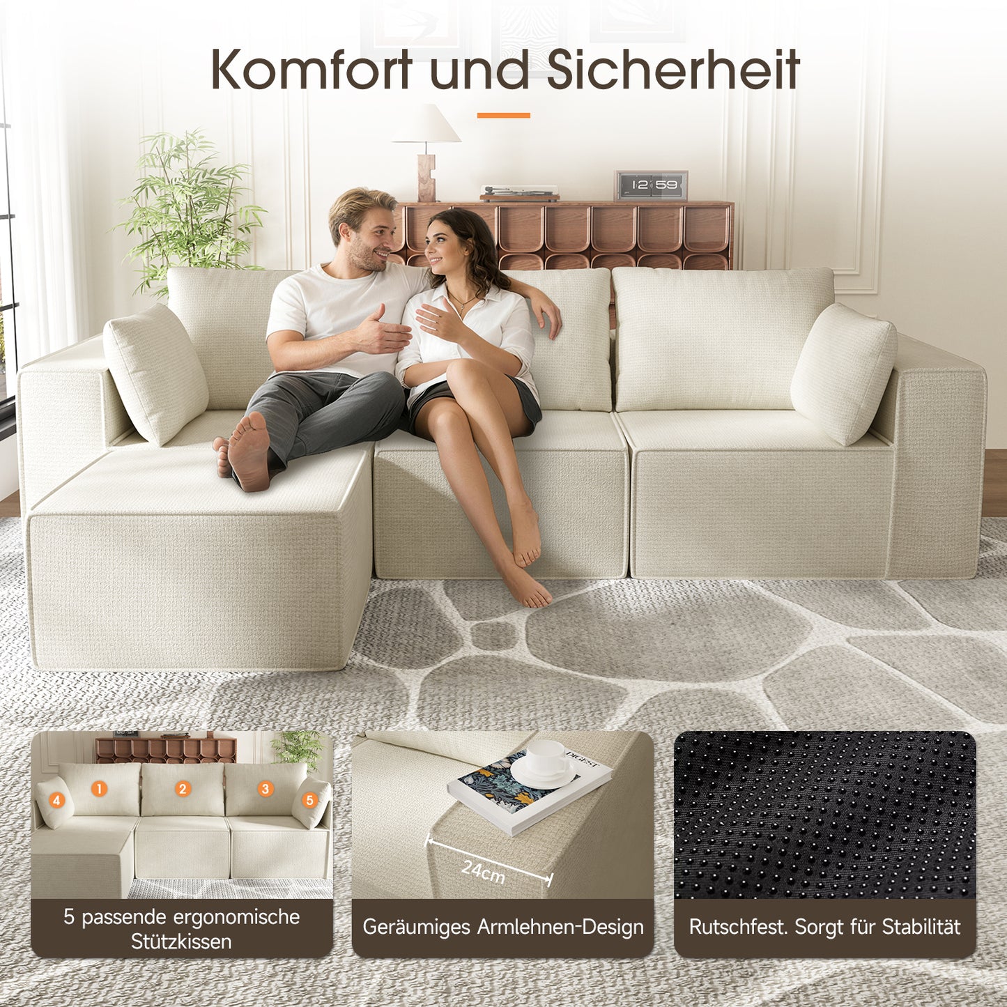 3-Sitzer Sofa, Schlafsofa 258.5x66cm, inkl.3 Zierkissen Bequemes Chenille Sofa