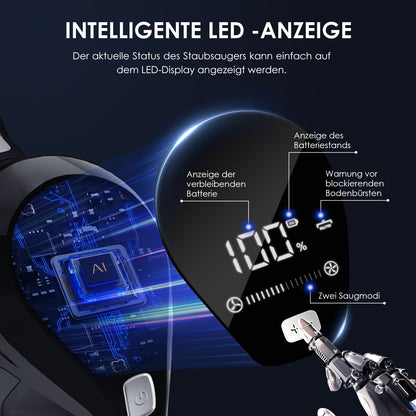 Akku-Hand-und Stielstaubsauger mit Smart LED-Anzeige, 30000Pa/50min, Staubsauger kabellos mit 6-Schicht-Filtration und 8-Kegel-Zyklon