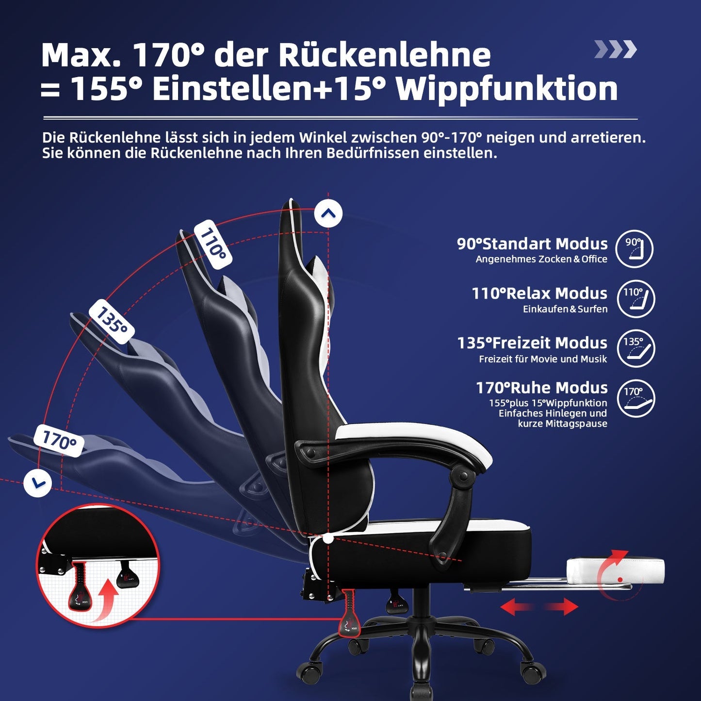 Gaming-Stuhl Gaming Stuhl, Bürostuhl Ergonomisch Wippfunktion bis zu 170°