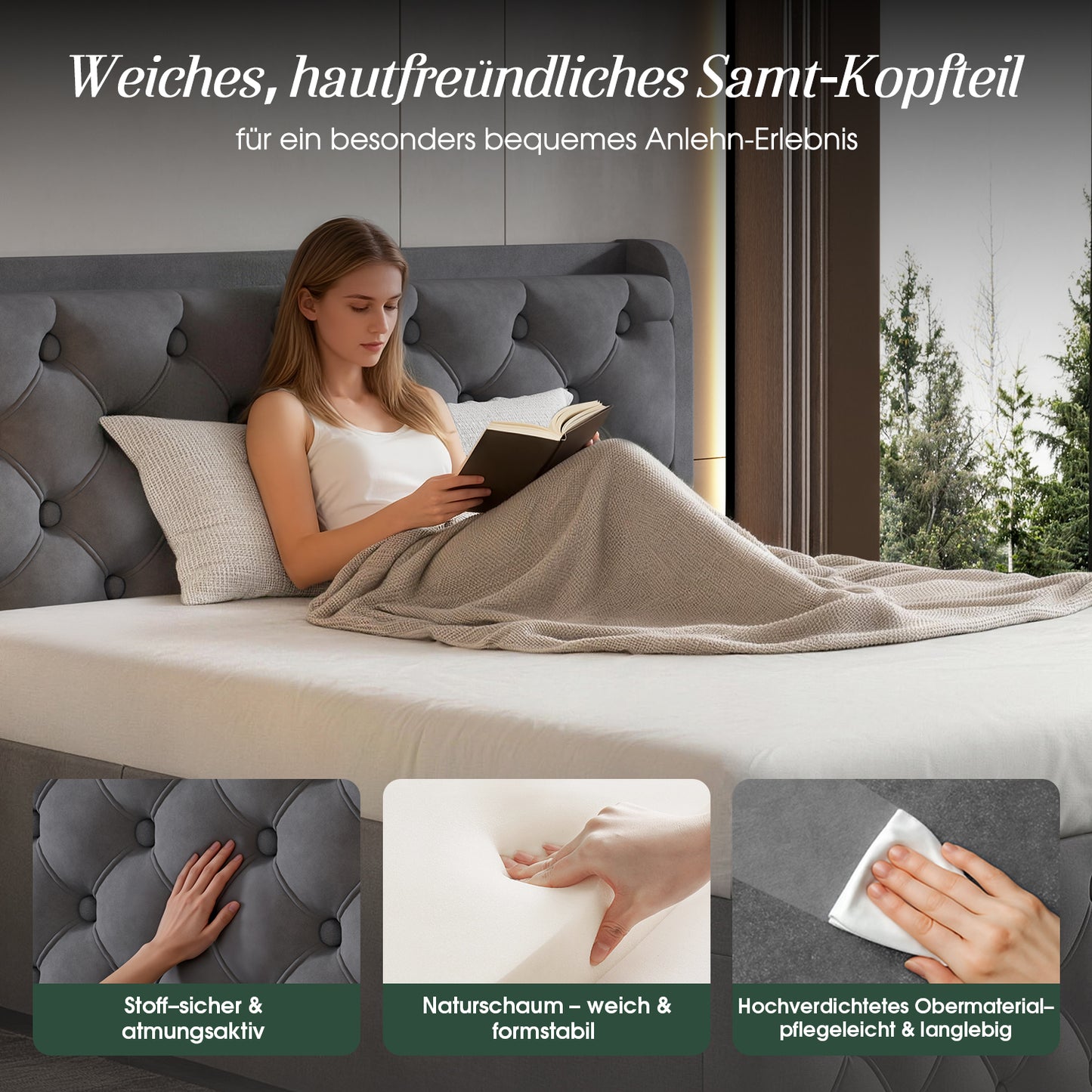 Polsterbett Doppelbett 140x200 cm,mit LED-Licht und Ladeanschluss