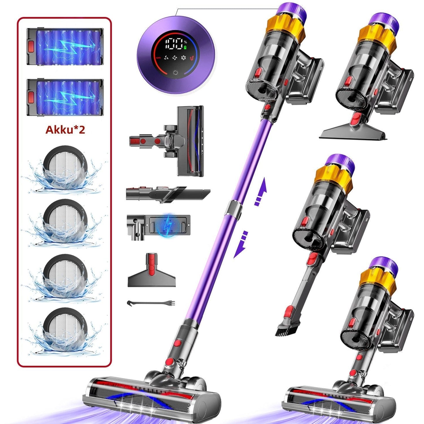 Akku-Hand-und Stielstaubsauger Akku-Staubsauger 80000Pa, 70 Min Laufzeit, 1.8L, leise