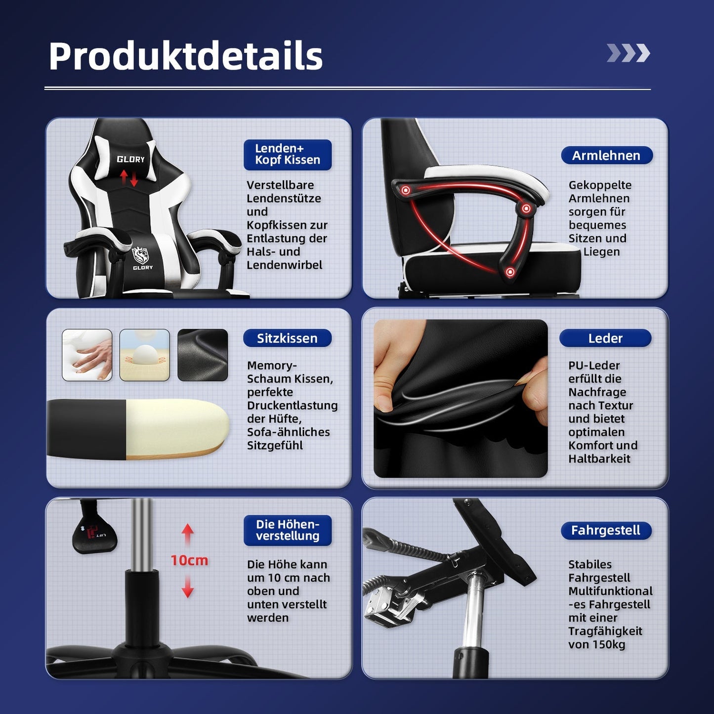 Gaming-Stuhl Gaming Stuhl, Bürostuhl Ergonomisch Wippfunktion bis zu 170°