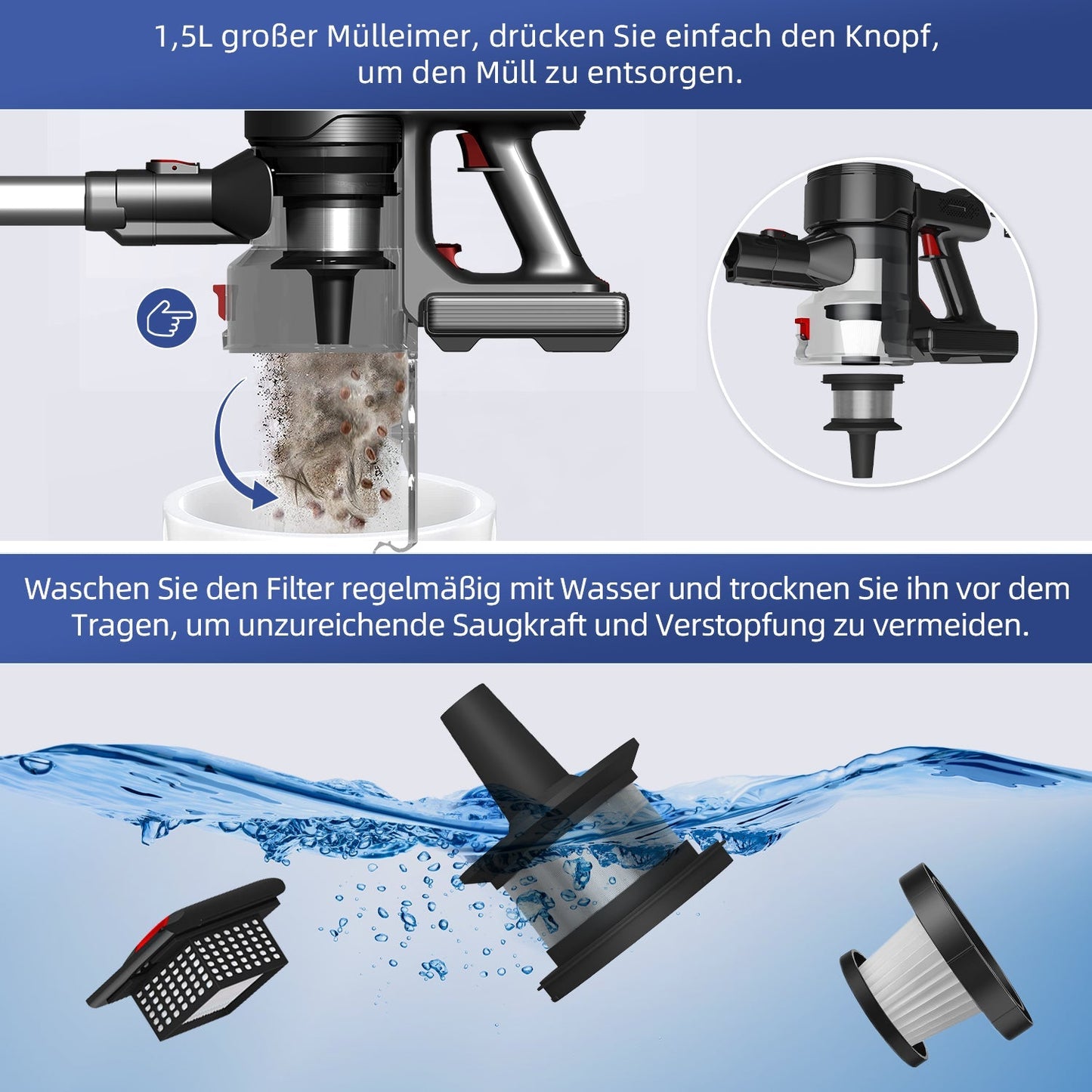 Akku-Hand-und Stielstaubsauger Akku Staubsauger, 55000Pa Kabelloser Staubsauger,Akku-Stielstaubsauger