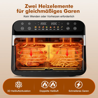 Heißluftfritteuse Dual Zone Heißluftfritteuse, 10L Airfryer mit herausnehmbarem Trenner, 2 Gestelle, Heißluftfritteuse 2 kammern, 8 Kochfunktionen