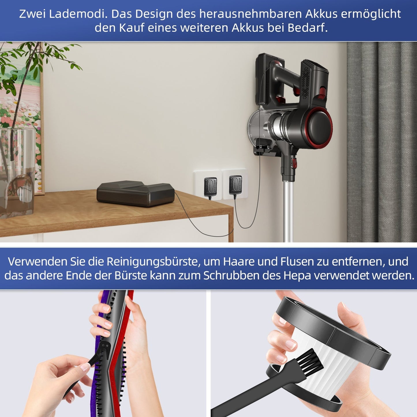 Akku-Hand-und Stielstaubsauger Akku Staubsauger, 55000Pa Kabelloser Staubsauger,Akku-Stielstaubsauger