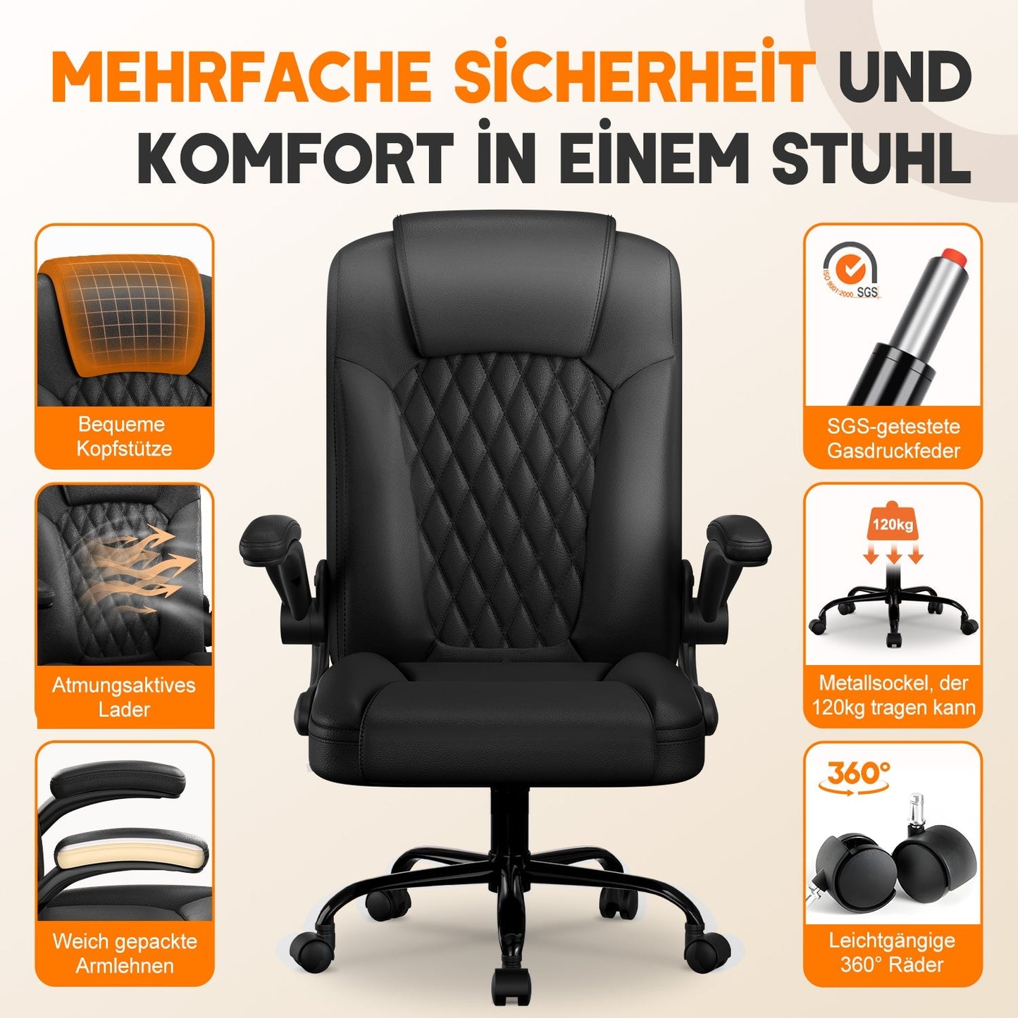 Bürostuhl Ergonomisch, Kunstleder Schreibtischstuhl 90° Klappbaren Armlehnen