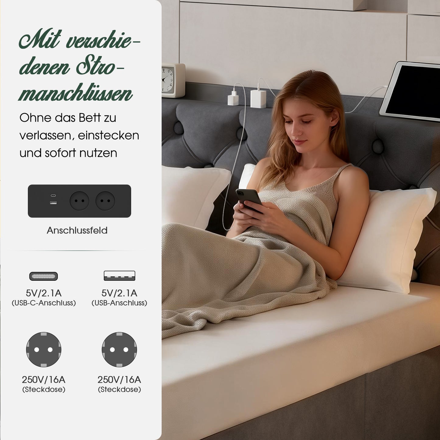 Polsterbett Doppelbett 140x200 cm,mit LED-Licht und Ladeanschluss