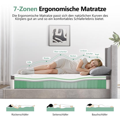 Mattress 90 x 200 cm, Height 25 cm, 7-Zone Pocket Spring Mattress with Removable, Washable Fitted Sheet, Oeko-Tex Certified, Hardness H3, 100 Nights Trial Sleep