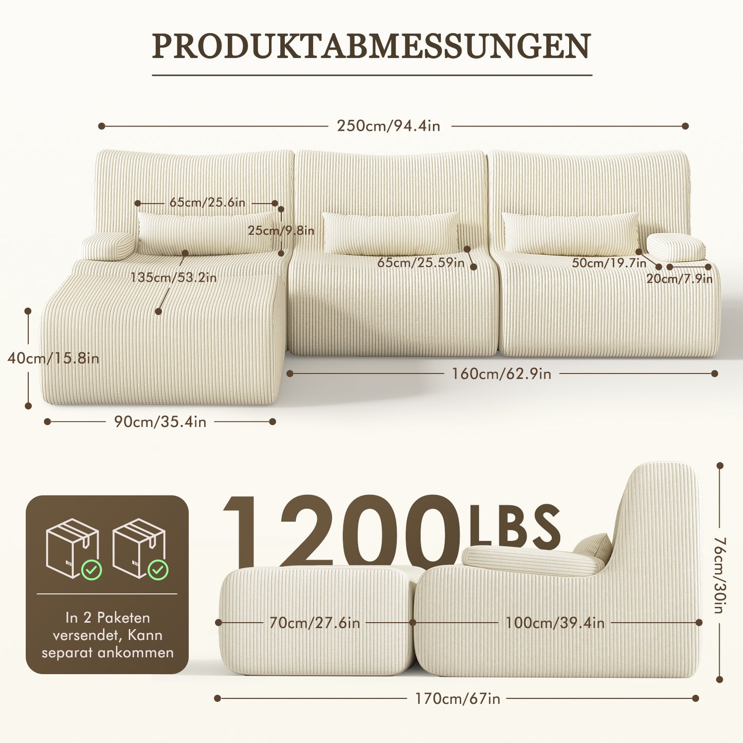 Ecksofa Ecksofa mit Schlaffunktion 250 x 170 x 76 cm, L-förmige Couch aus Cord