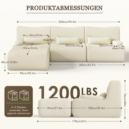 Ecksofa Ecksofa mit Schlaffunktion 250 x 170 x 76 cm, L-förmige Couch aus Cord