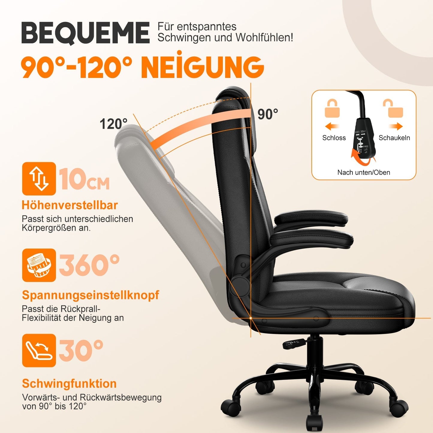 Bürostuhl Ergonomisch, Kunstleder Schreibtischstuhl 90° Klappbaren Armlehnen