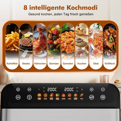 Heißluftfritteuse Dual Zone Heißluftfritteuse, 10L Airfryer mit herausnehmbarem Trenner, 2 Gestelle, Heißluftfritteuse 2 kammern, 8 Kochfunktionen