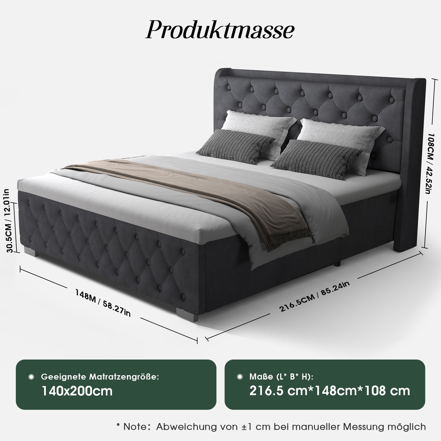 Polsterbett Doppelbett 140x200 cm,mit LED-Licht und Ladeanschluss