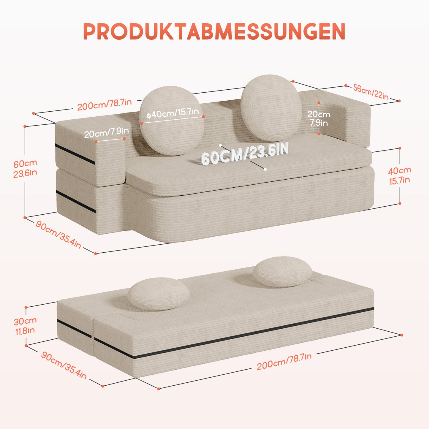Sofa Schlafsofa Bella, Cord Sofa 90x200 cm mit Bettfunktion