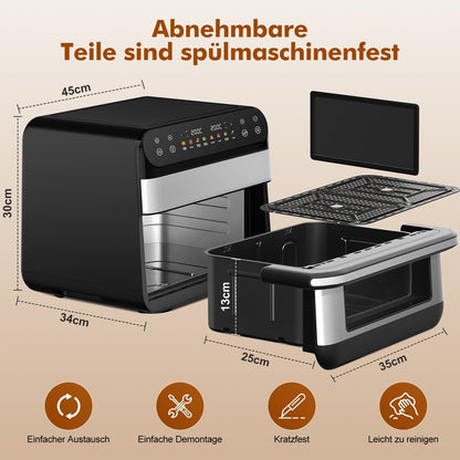 Heißluftfritteuse Dual Zone Heißluftfritteuse, 10L Airfryer mit herausnehmbarem Trenner, 2 Gestelle, Heißluftfritteuse 2 kammern, 8 Kochfunktionen