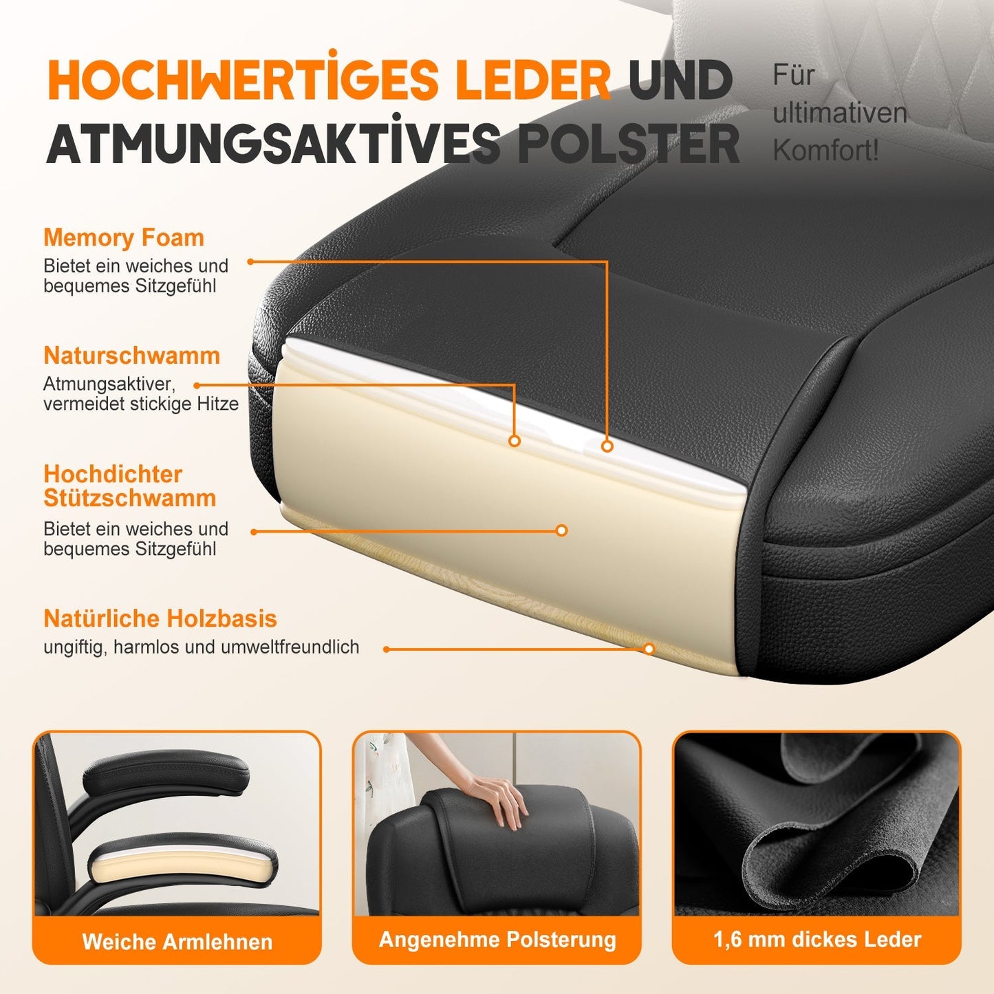 Bürostuhl Ergonomisch, Kunstleder Schreibtischstuhl 90° Klappbaren Armlehnen