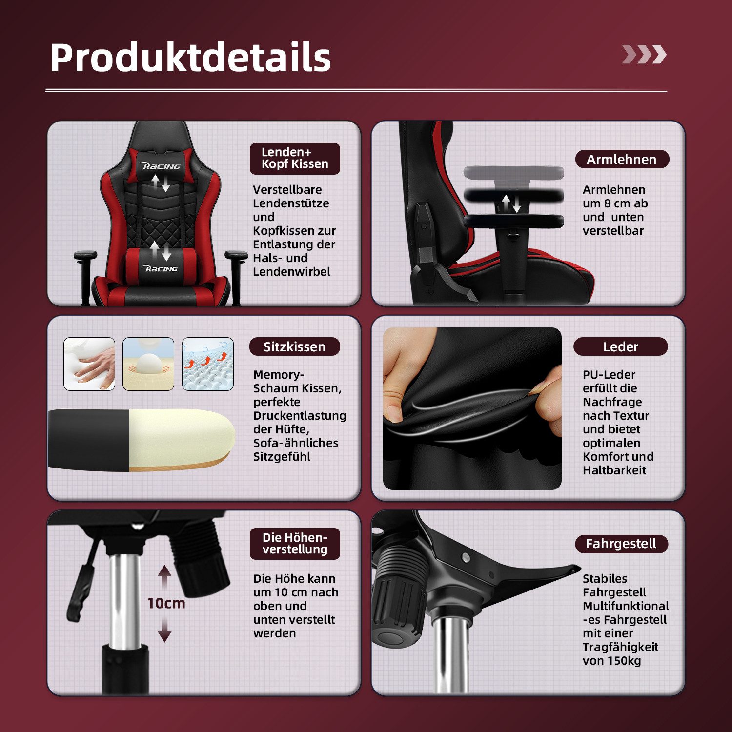 Gaming-Stuhl Gaming Stuhl Ergonomisch mit Kopfkissen und Lendenkissen 7 yizi 55