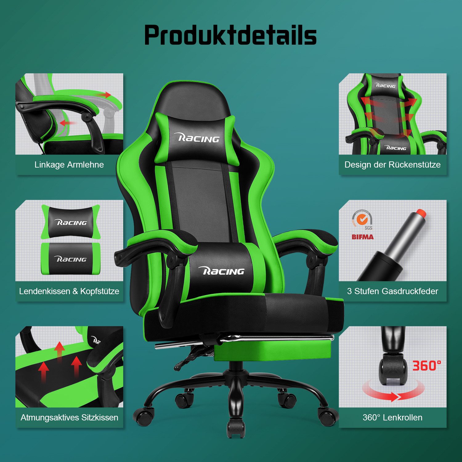 Gaming-Stuhl Gaming Stuhl mit Verstellbarer Rückenlehne und Fußstütze 8 yizi 80