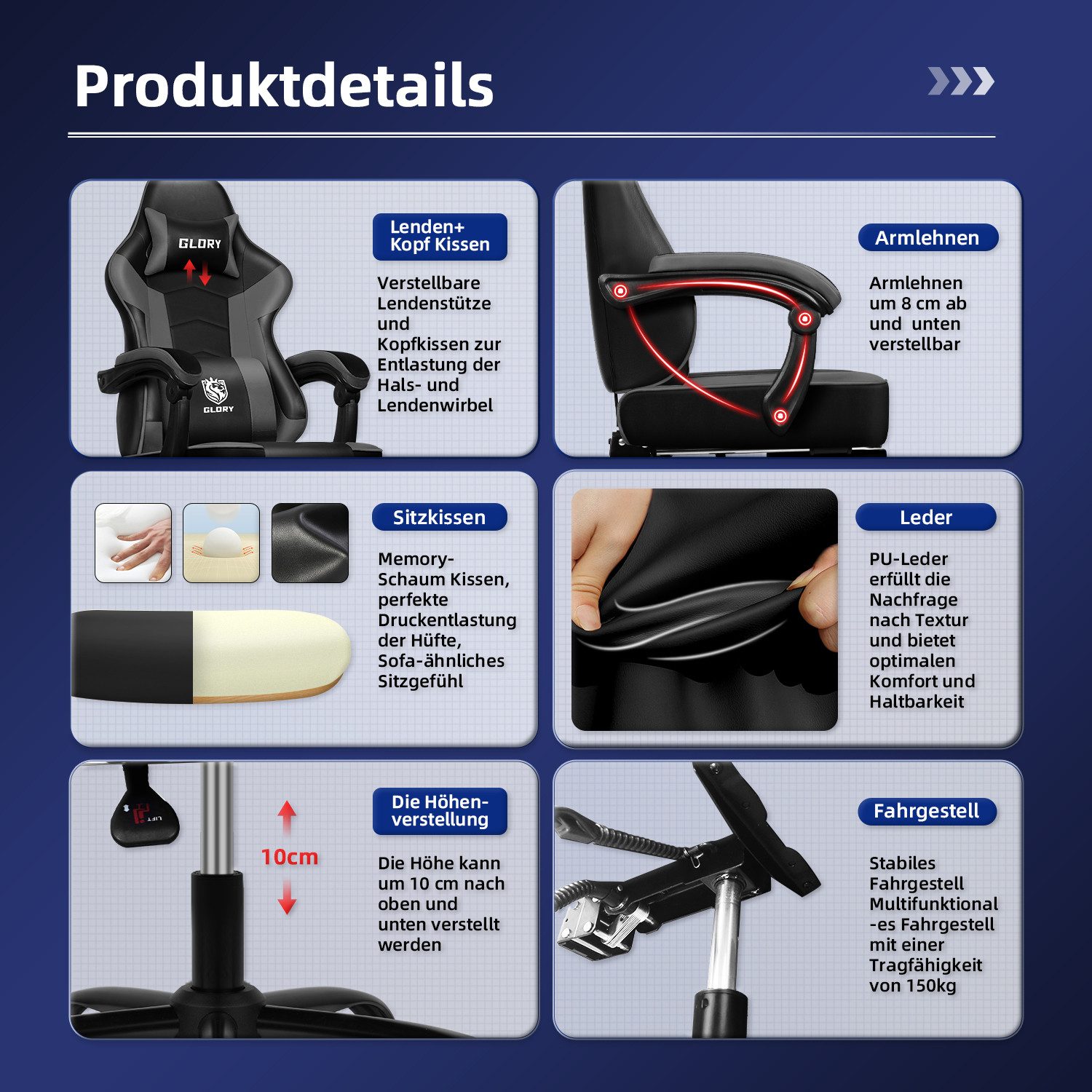 Gaming-Stuhl Gaming Stuhl, Bürostuhl Ergonomisch Wippfunktion bis zu 170° 7 yizi 91