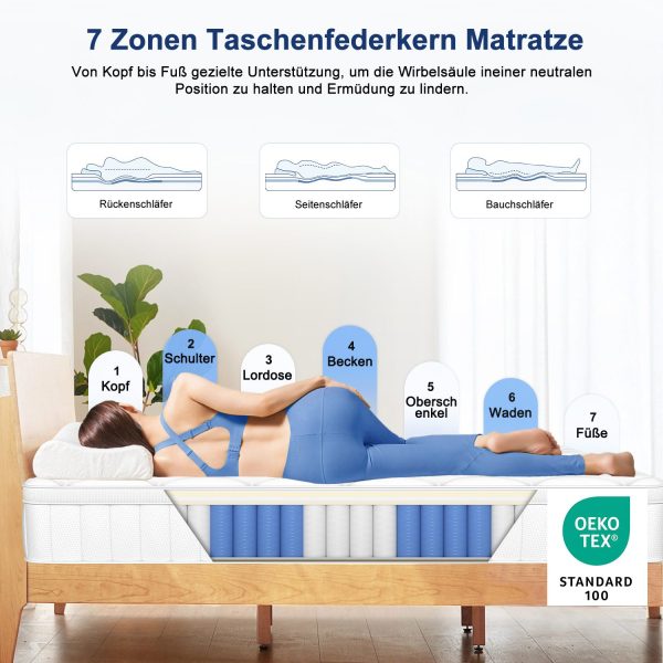 Taschenfederkernmatratze Matratze 140 cm x 200 cm x 23 cm, 7 Zone Federkernmatratze Atmungaktive Material – Bild 2