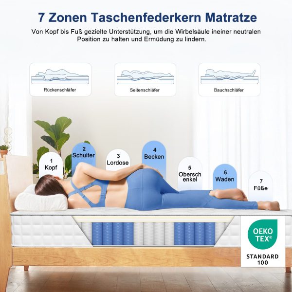 Taschenfederkernmatratze Matratze, 7 Zone Federkernmatratze Matratzen mit Spannbettlaken, 90 cm x 190 cm x 22 cm – Bild 3