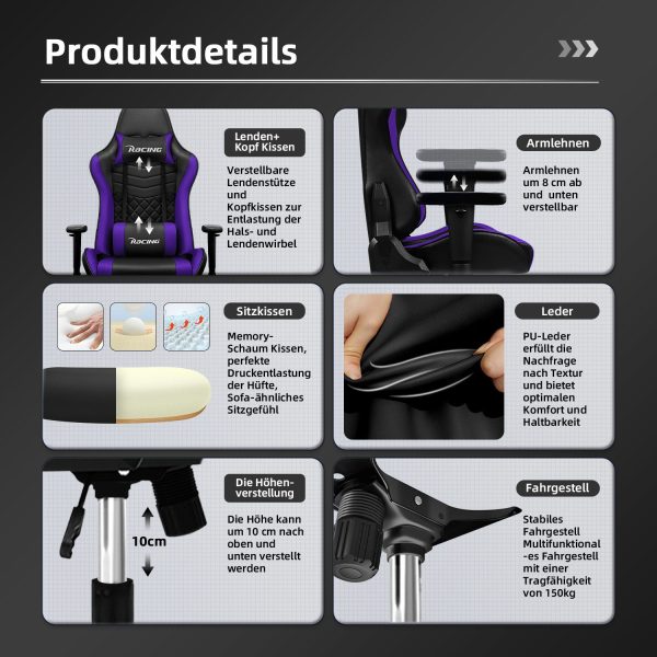 Gaming-Stuhl Gamer Stuhl Ergonomisch, Verstellbarer Bürostuhl mit Kopfkissen – Bild 2