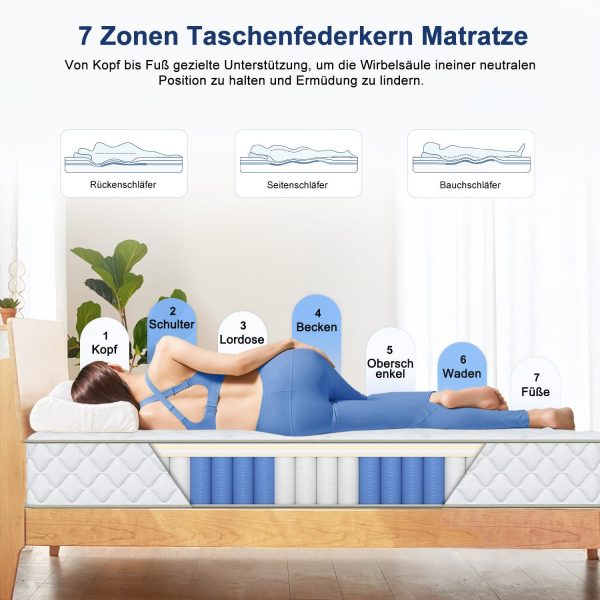 Taschenfederkernmatratze Matratze 100 cm x 200 cm x 22 cm, 7-Zonen Federkernmatratze Härtegrad H3 – Bild 3