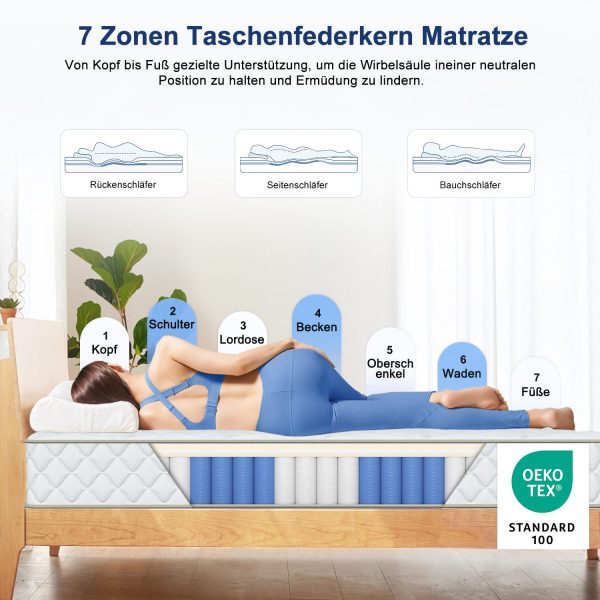 Taschenfederkernmatratze Matratze, 7 Zone Federkernmatratze Matratzen mit Spannbettlaken, 90 cm x 200 cm x 22 cm – Bild 3