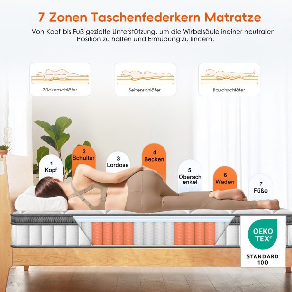 Taschenfederkernmatratze Matratze, 7 Zone Federkernmatratze Matratzen mit Spannbettlaken 90 cm x 200 cm x 22 cm – Bild 3
