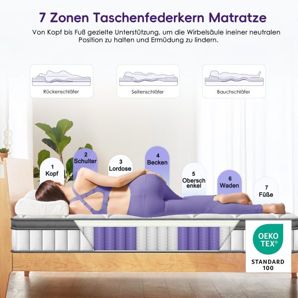 Taschenfederkernmatratze Matratze 90x190 cm Härtegrad H3, ergonomische 7 Zonen Matratze – Bild 4