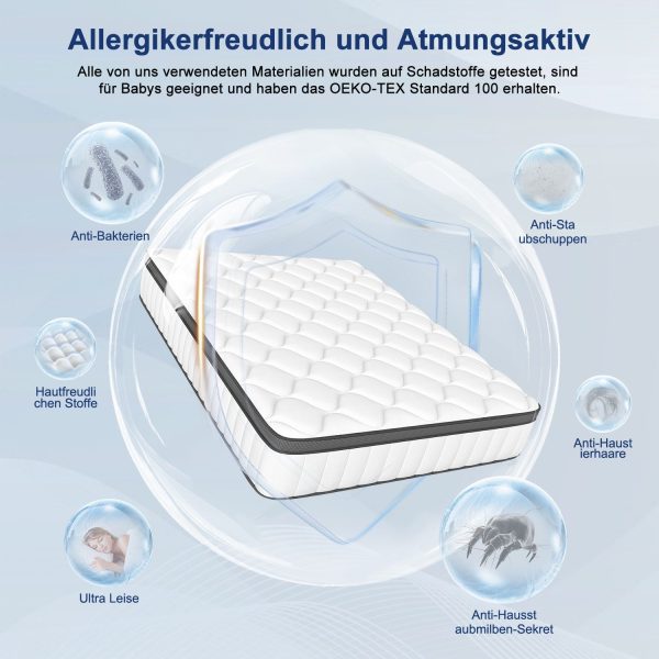 Taschenfederkernmatratze Matratze 90x200 cm Härtegrad H3, ergonomische 7 Zonen Matratze – Bild 4
