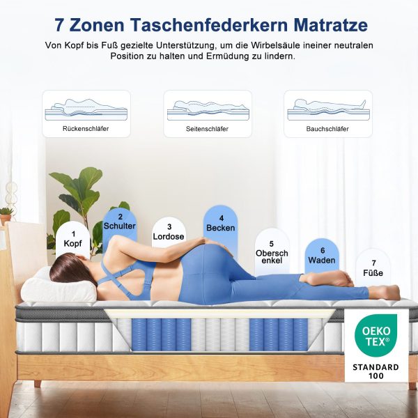 Taschenfederkernmatratze Matratze, 7 Zone Federkernmatratze Matratzen mit Spannbettlaken, 90 cm x 200 cm x 25 cm – Bild 4