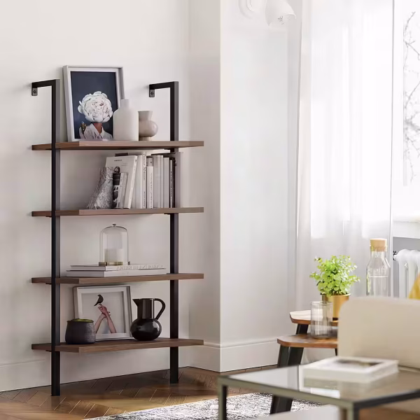 Bücherregal Wandregel, Eiche rustikal/Schwarz Lagerregal, 4 Ebenen Standregal – Bild 3