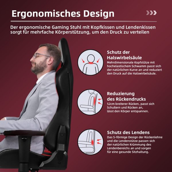 Gaming-Stuhl Gaming Stuhl Ergonomisch mit Kopfkissen und Lendenkissen – Bild 4